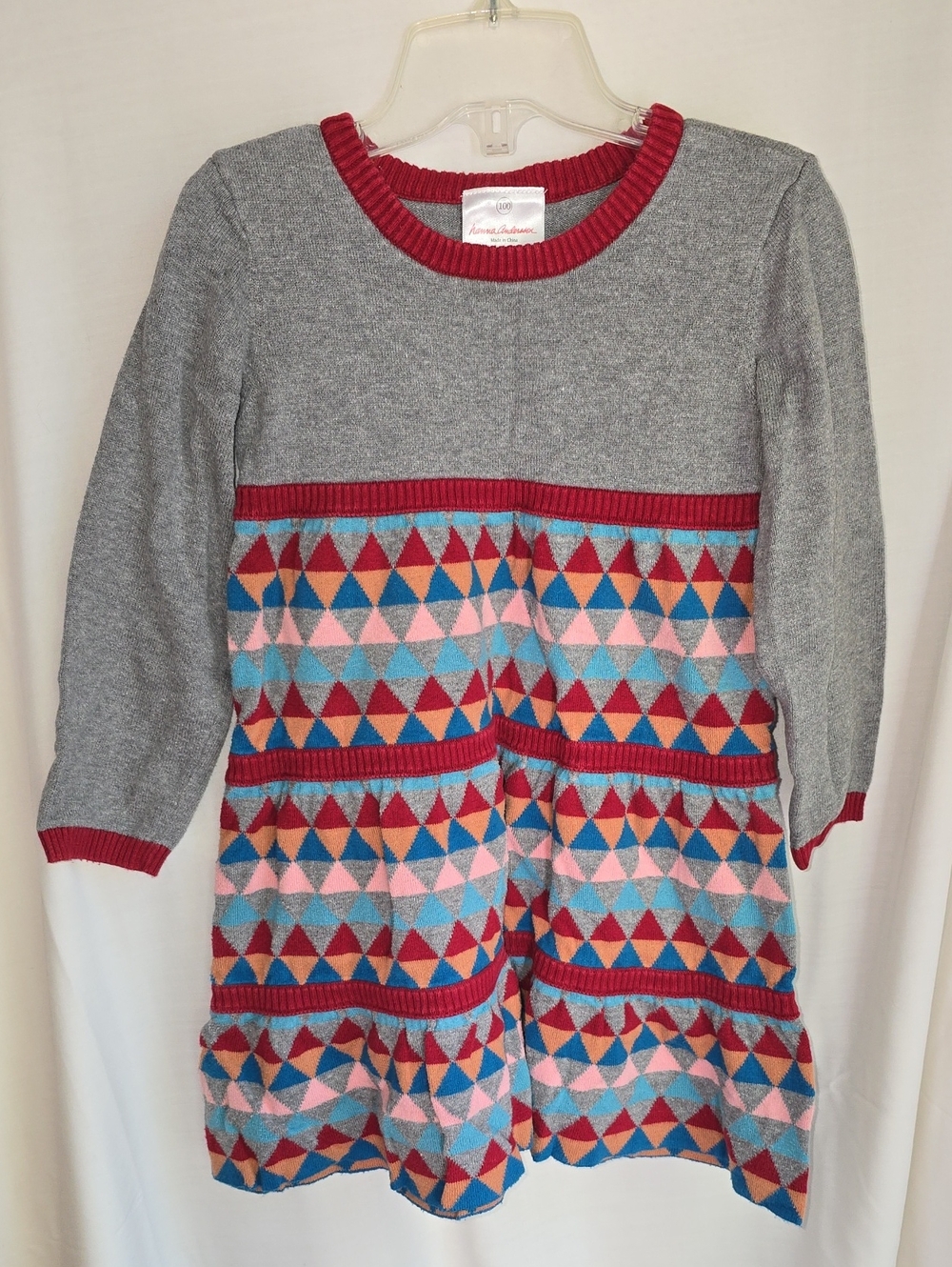 Hanna Andersson Gray Knit Dress with Multicolor Triangle Pattern and Red Trim